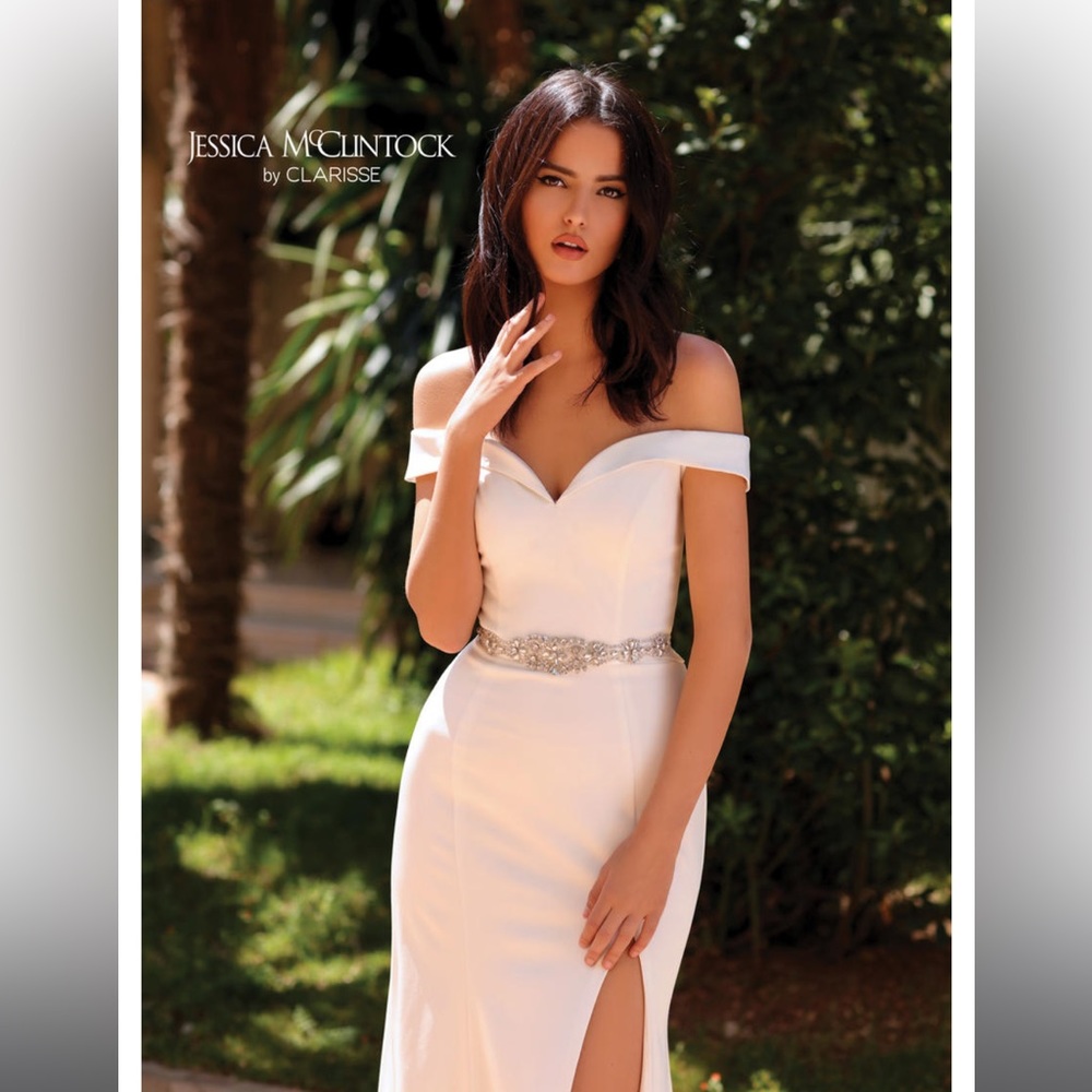 Off the shoulder wedding dress with thigh slit